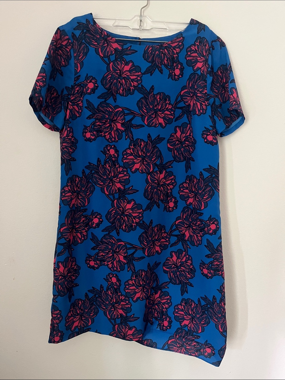 J. Crew Blue Shift Dress with Pink Floral Print